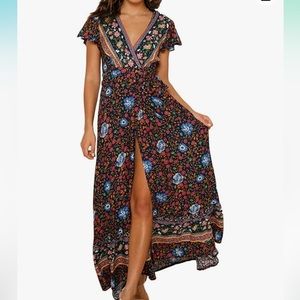 CHICFOR Floral Print 100% Viscose Maxi Split Beach Flowy Boho Dresses Size M.